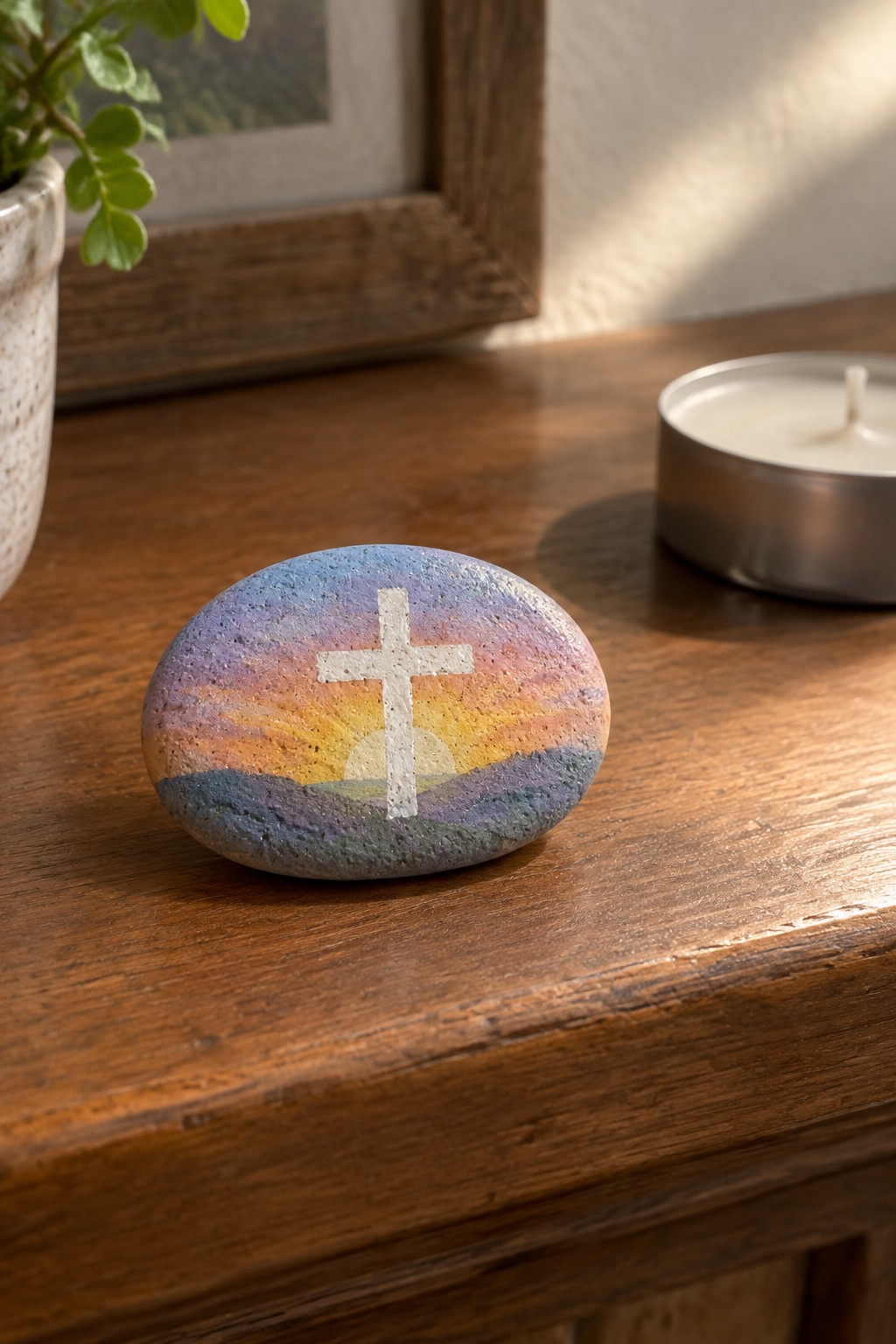 Painted stone with colorful sunset and white cross on wooden table