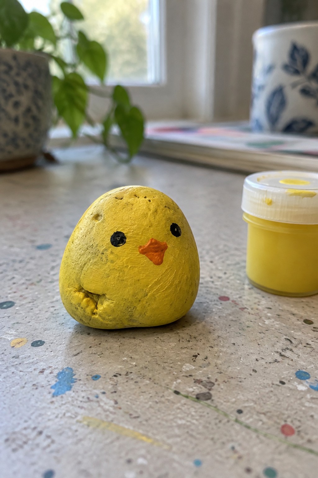 Yellow painted rock chick with black eyes and orange beak beside yellow paint jar