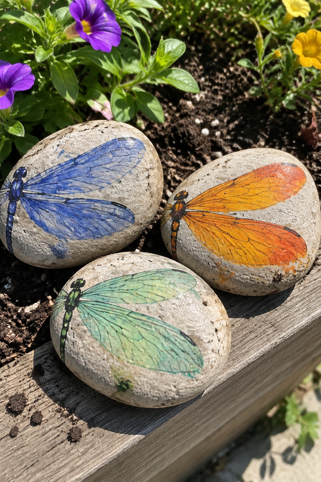 Three rocks painted with blue, orange, and green dragonflies on a wooden ledge.