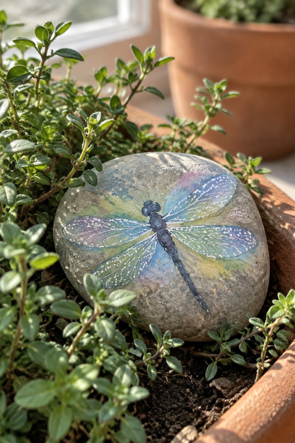 Painted stone with colorful dragonfly amid green plants in a terracotta pot.
