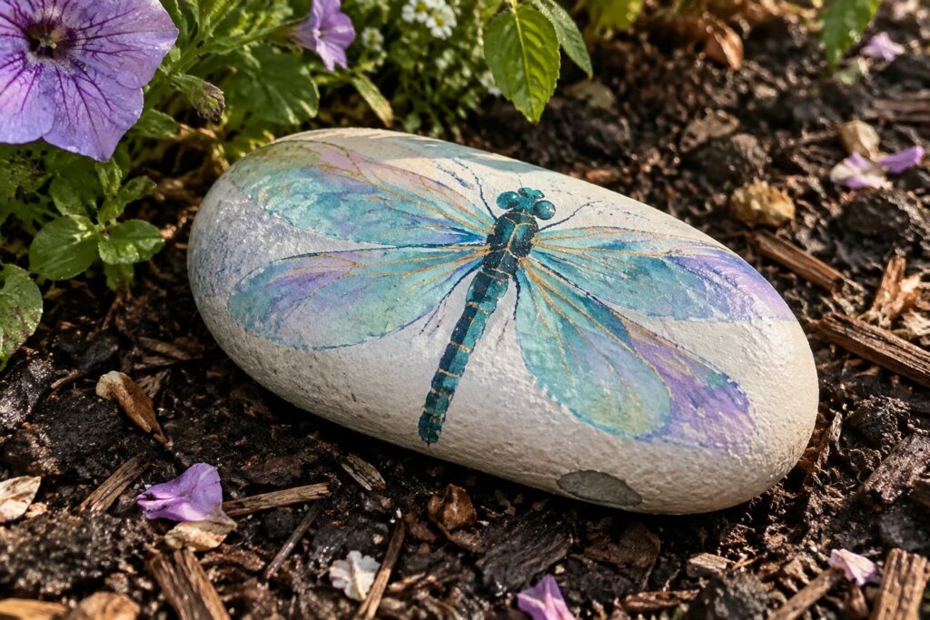 Colorful dragonfly with purple wings painted on stone amid purple flowers