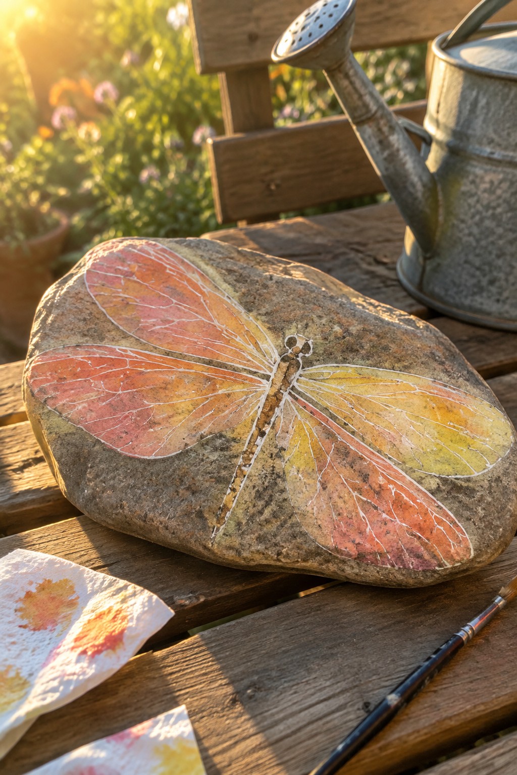 Colorful dragonfly painted on rock beside watering can and paintbrush on table