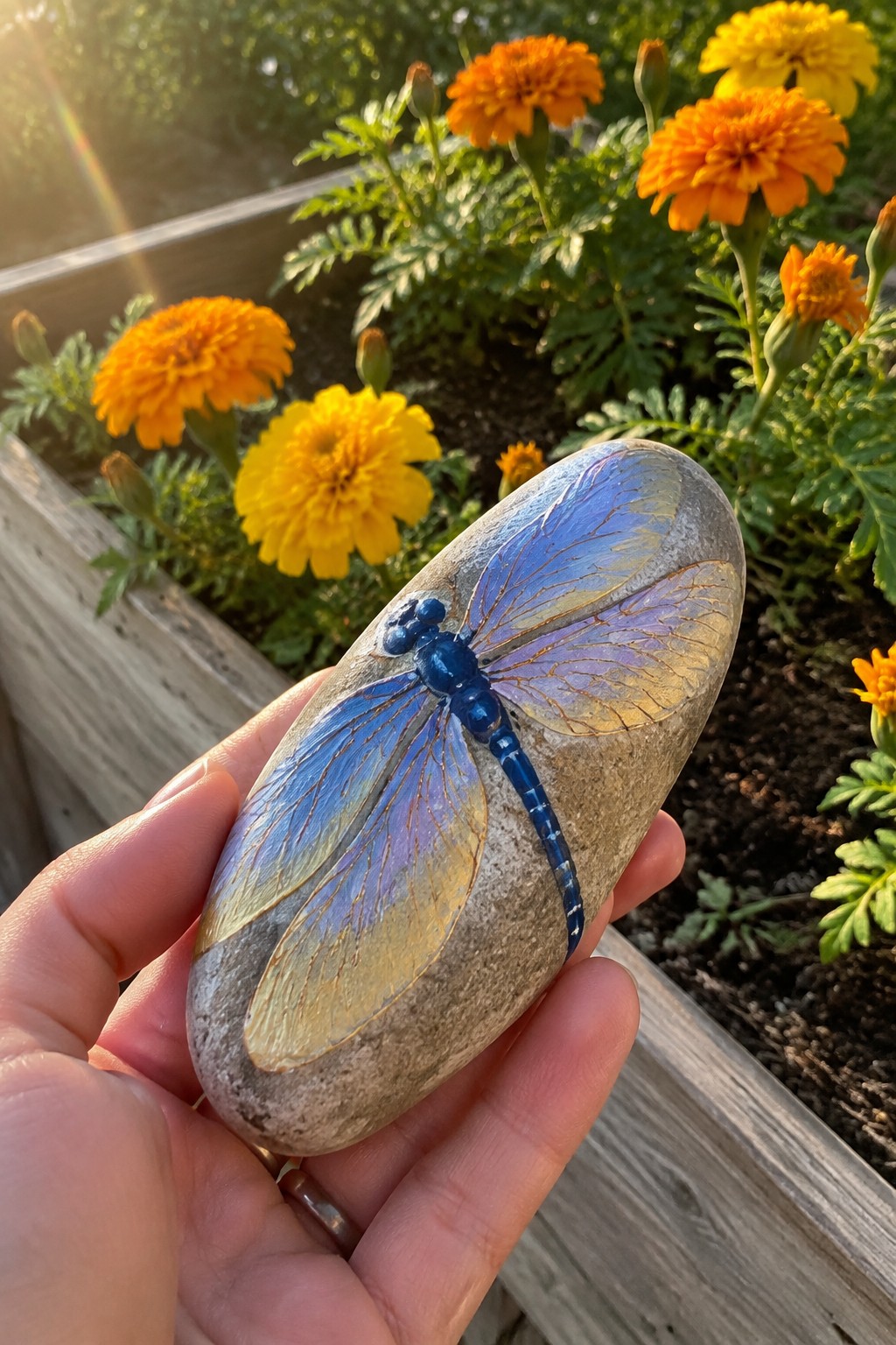 Hand holding gray stone painted with blue dragonfly amid orange marigolds.