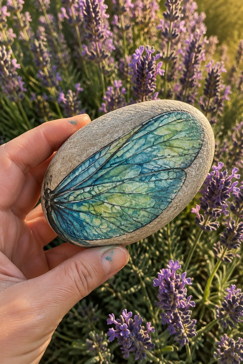 Hand holding stone painted with blue-green dragonfly wing amid lavender flowers.