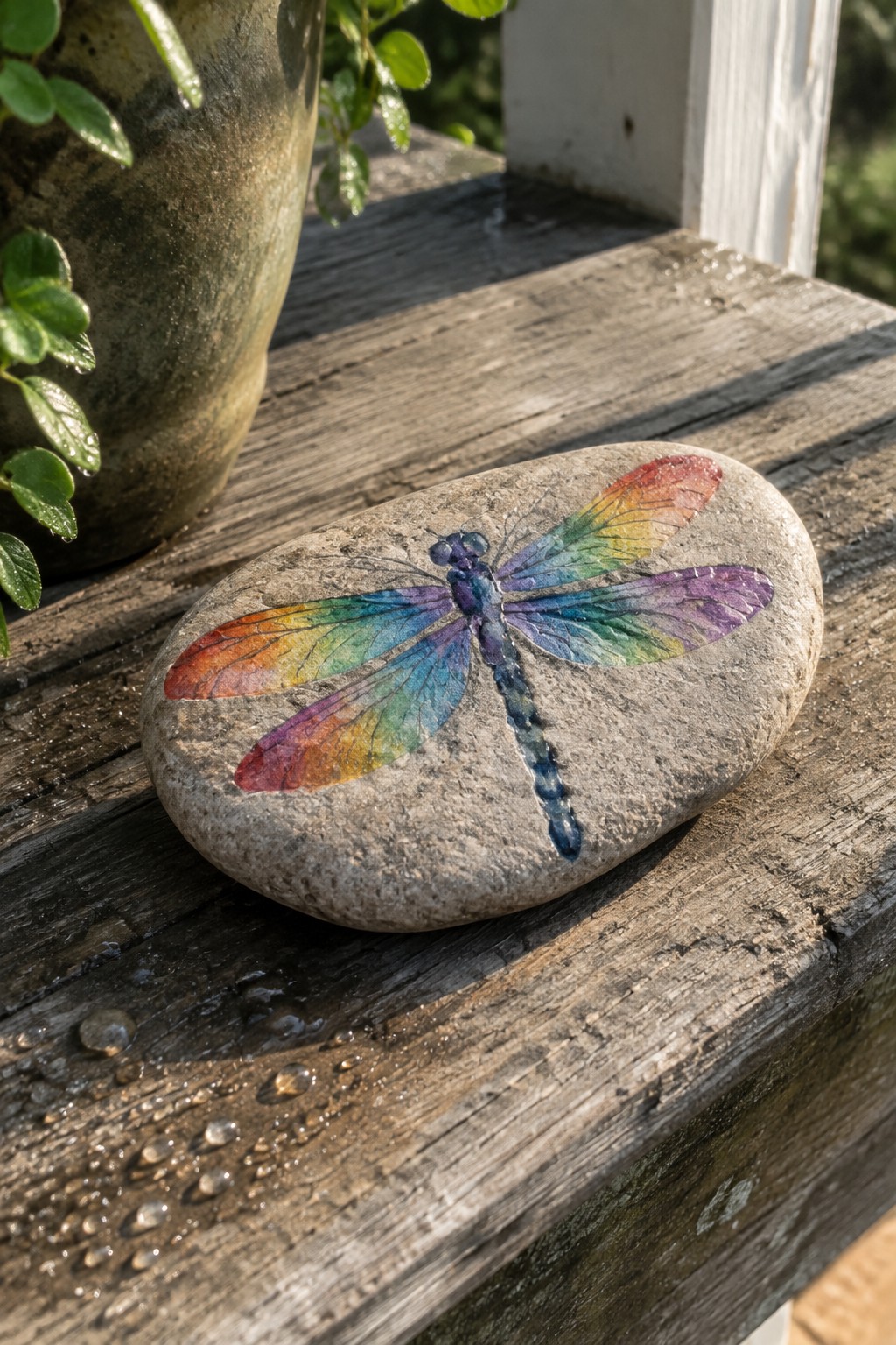 Rainbow dragonfly painted on wet stone atop weathered wooden surface