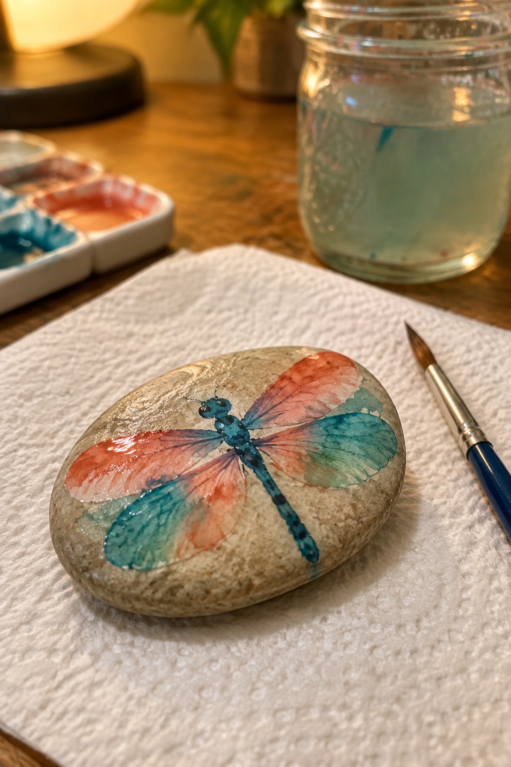 Watercolor dragonfly with coral and teal wings painted on a smooth stone beside brush.