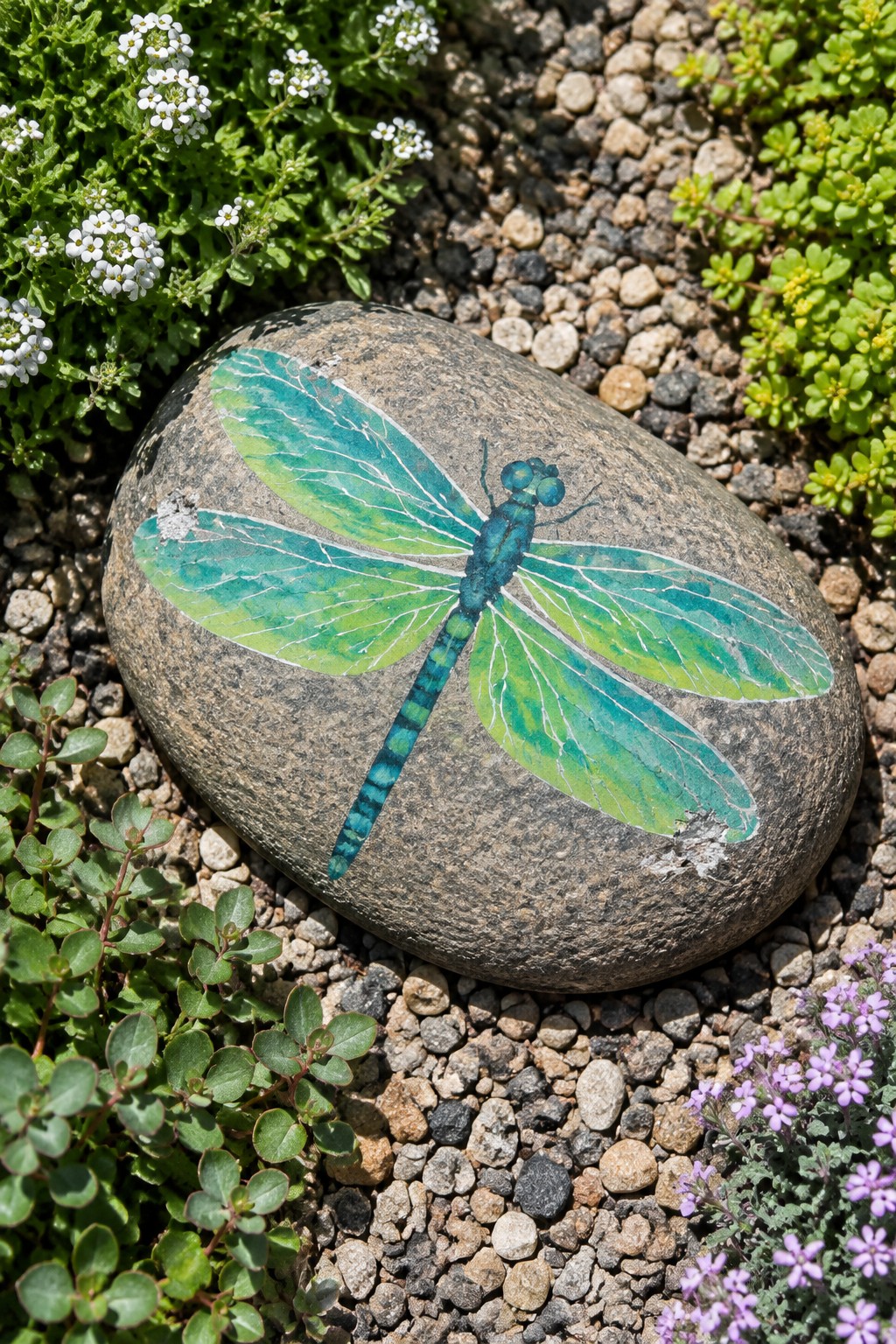Gray rock painted with vibrant blue-green dragonfly amid garden gravel and plants