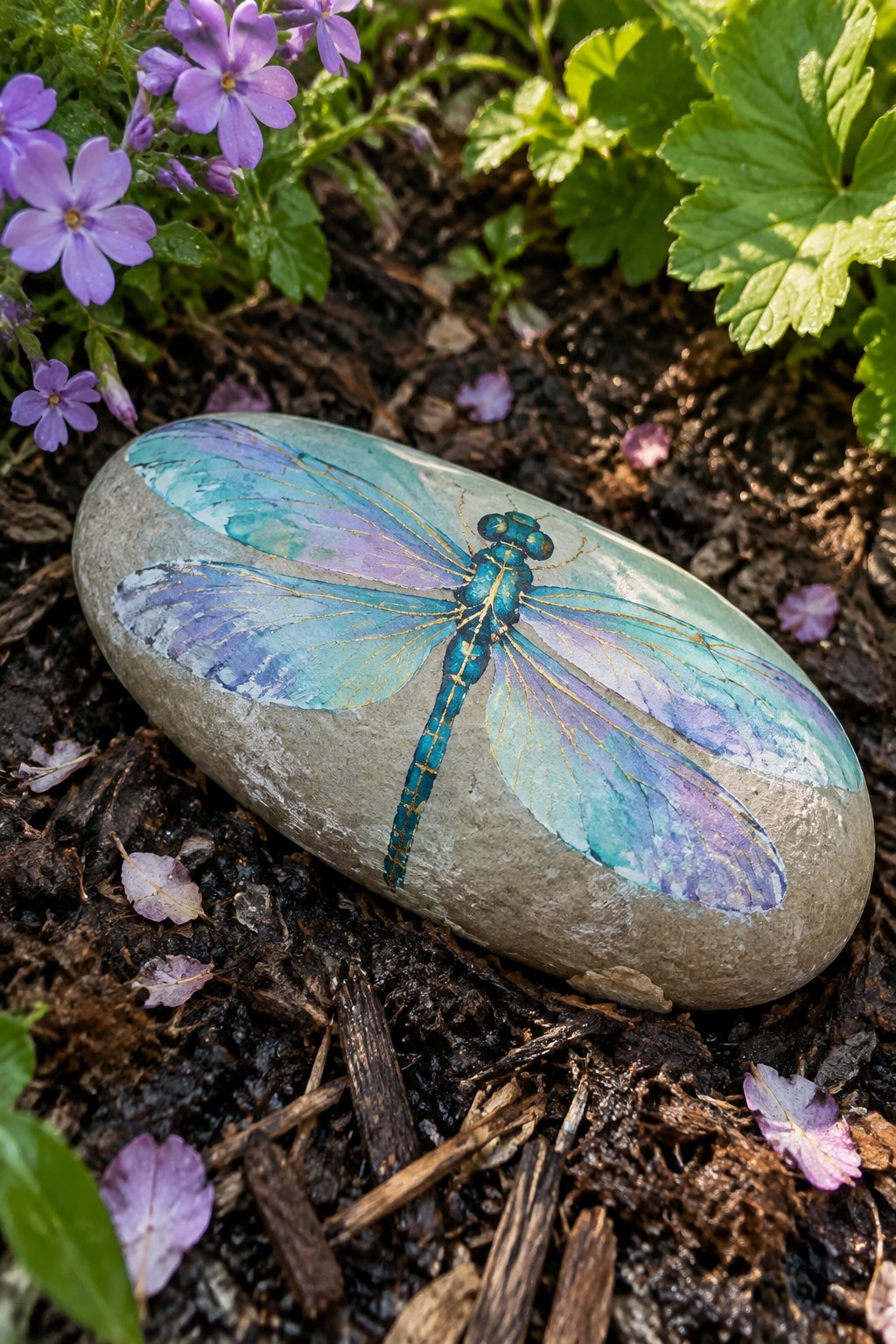 Colorful dragonfly with purple wings painted on stone amid purple flowers