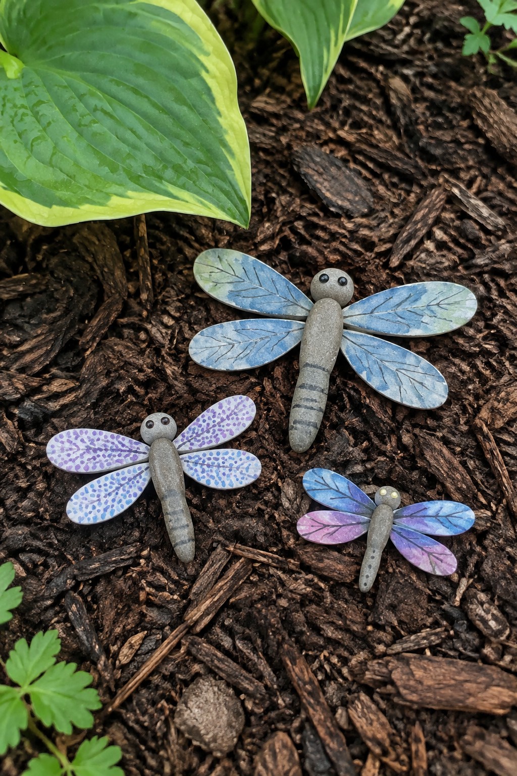 Three colorful painted stone dragonflies on brown mulch with green leaves