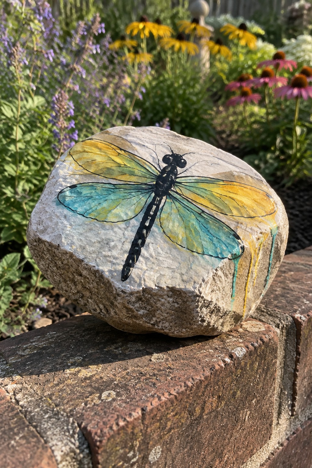 A large rock painted with a dragonfly showing black body and wings in blended yellow, green, and blue watercolor tones sits on a brick ledge.