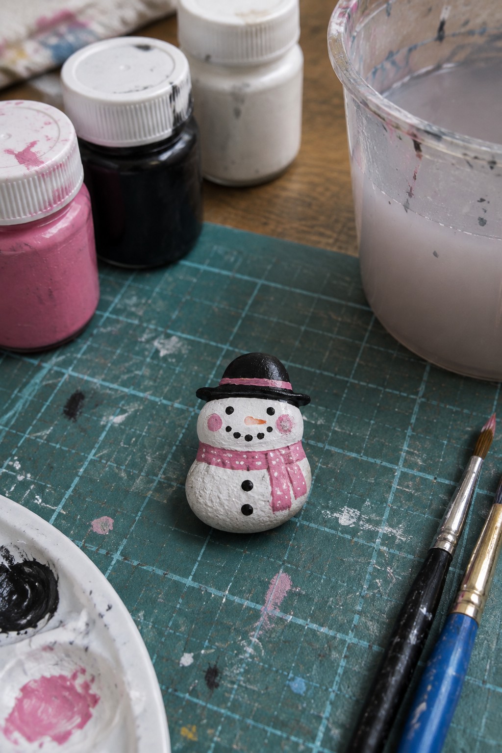 Painted rock snowman with pink scarf and black hat amid paint jars and brushes on green mat