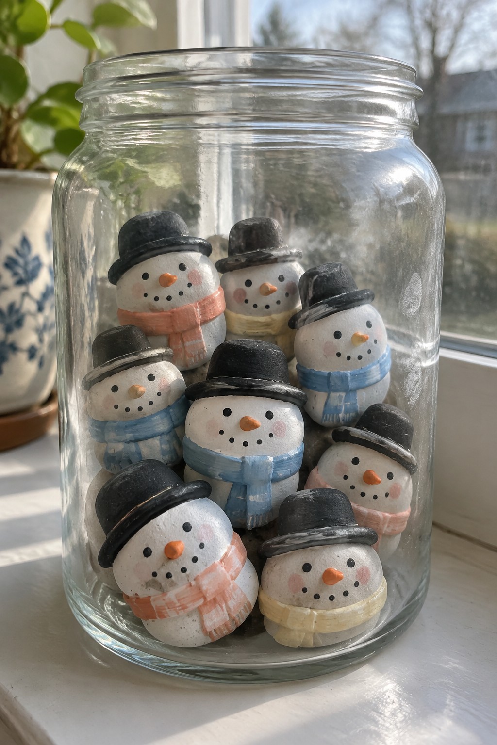 Clear glass jar filled with snowman figurines in black hats and colorful scarves