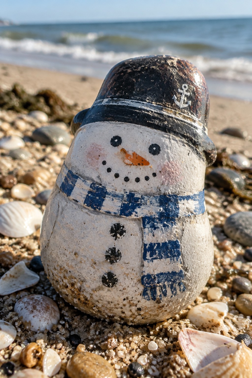 Painted rock snowman with blue plaid scarf and anchor hat on beach