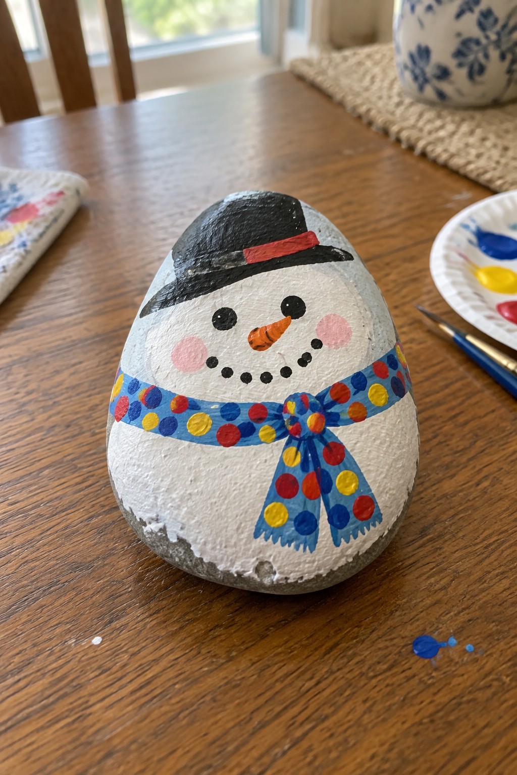 Painted rock snowman with black hat, orange nose, pink cheeks, and polka dot scarf