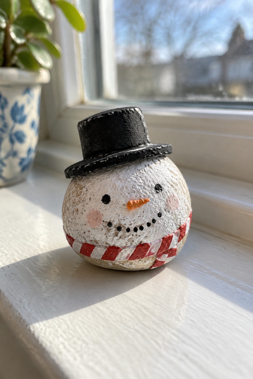 Stone snowman with black top hat, orange nose, and red checkered scarf on windowsill