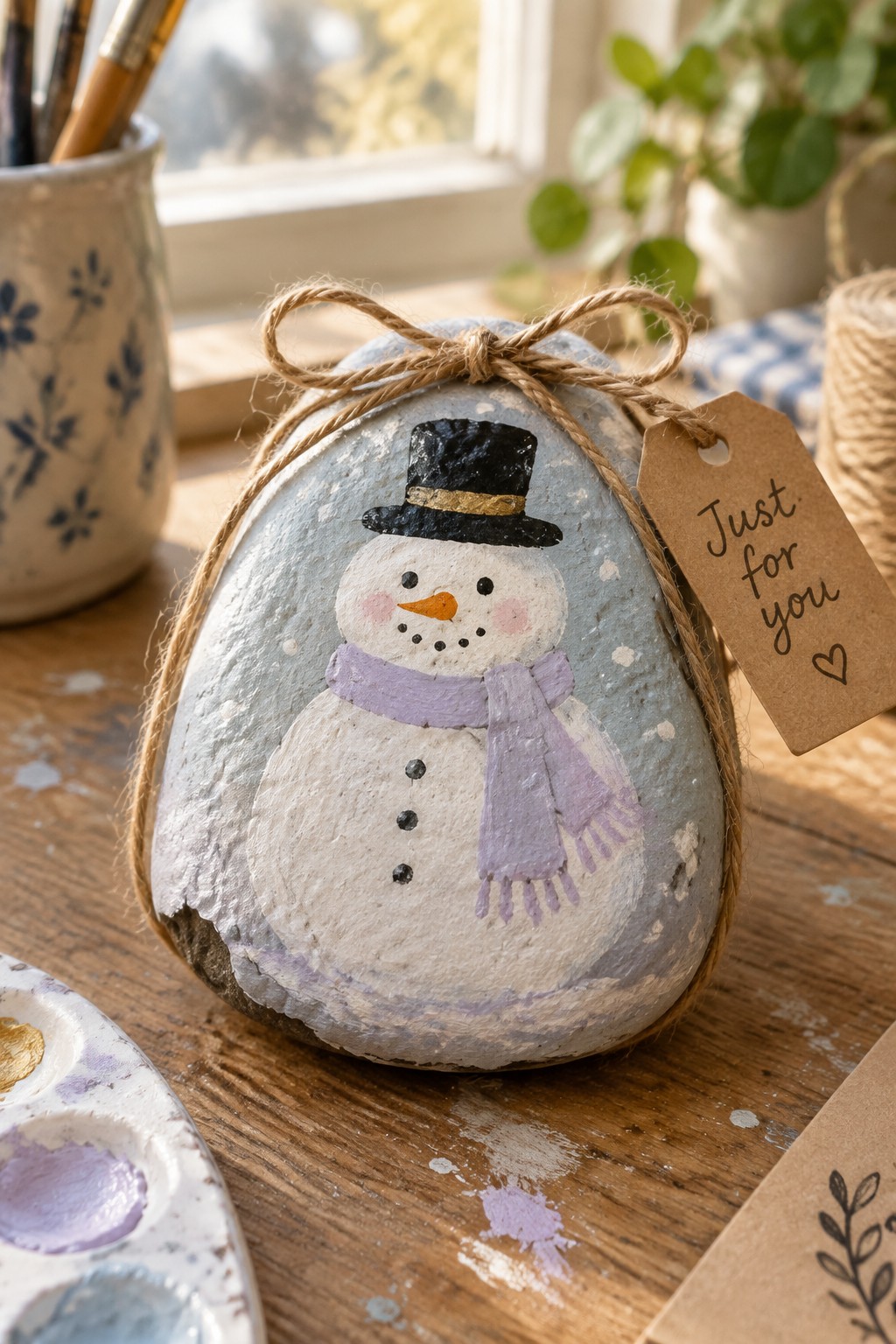 Painted rock snowman with black hat, purple scarf, and 