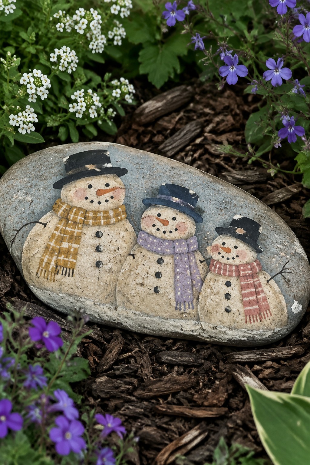 Three painted snowmen on a stone with plaid, dotted, and striped scarves amid flowers