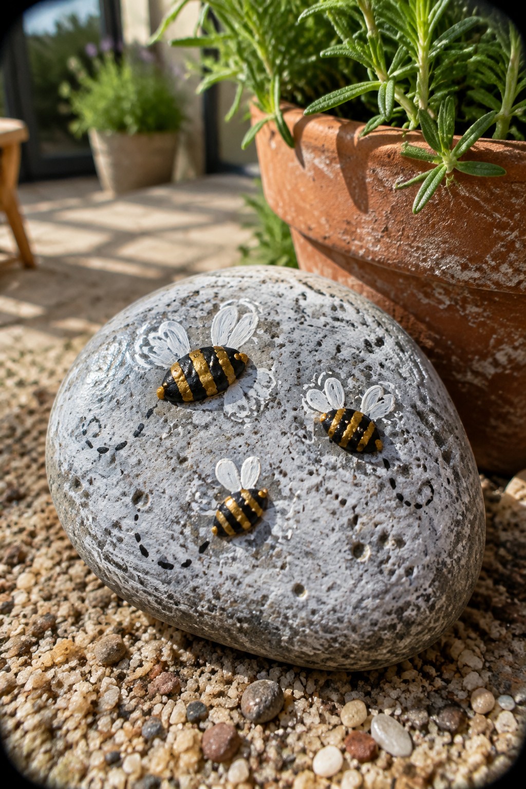 Large gray rock with three black-and-yellow bees painted on gravel near plant pot
