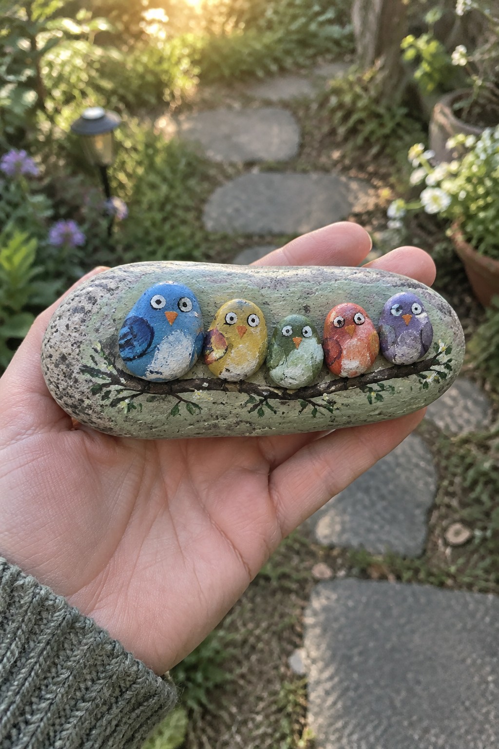 Hand holding painted rock with five colorful birds on a branch