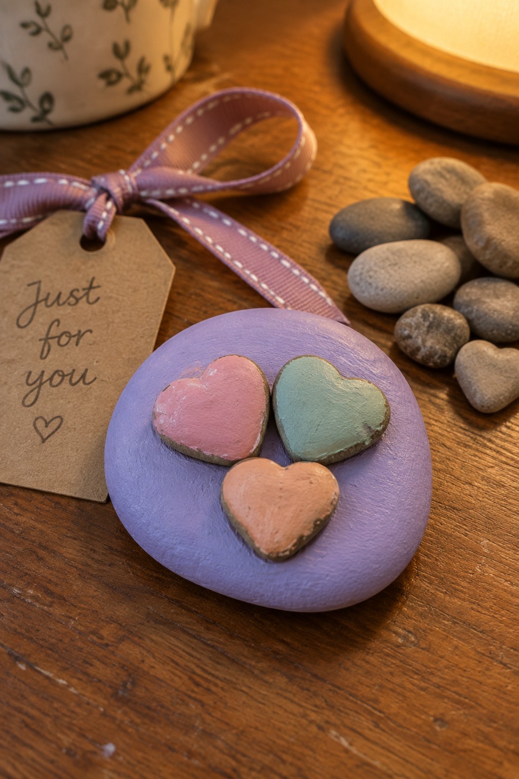 Purple clay disc with pink, green, and peach hearts beside 