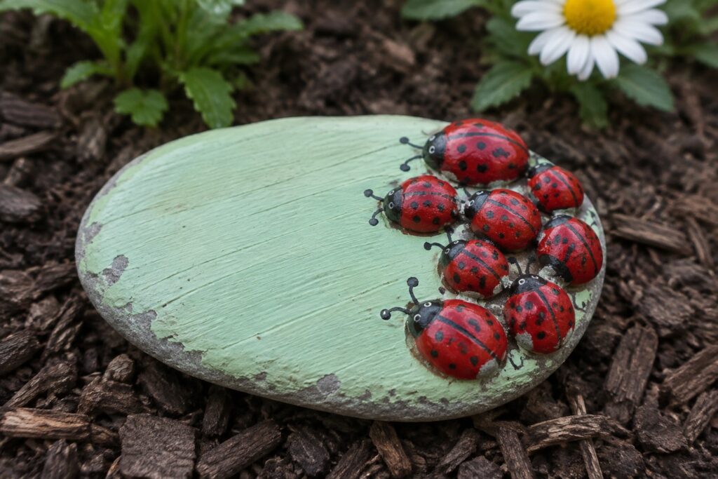 Green painted rock with cluster of red spotted ladybugs on garden soil