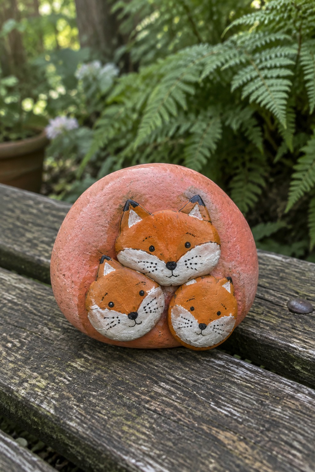 Three fox faces painted on a large reddish rock atop a wooden bench