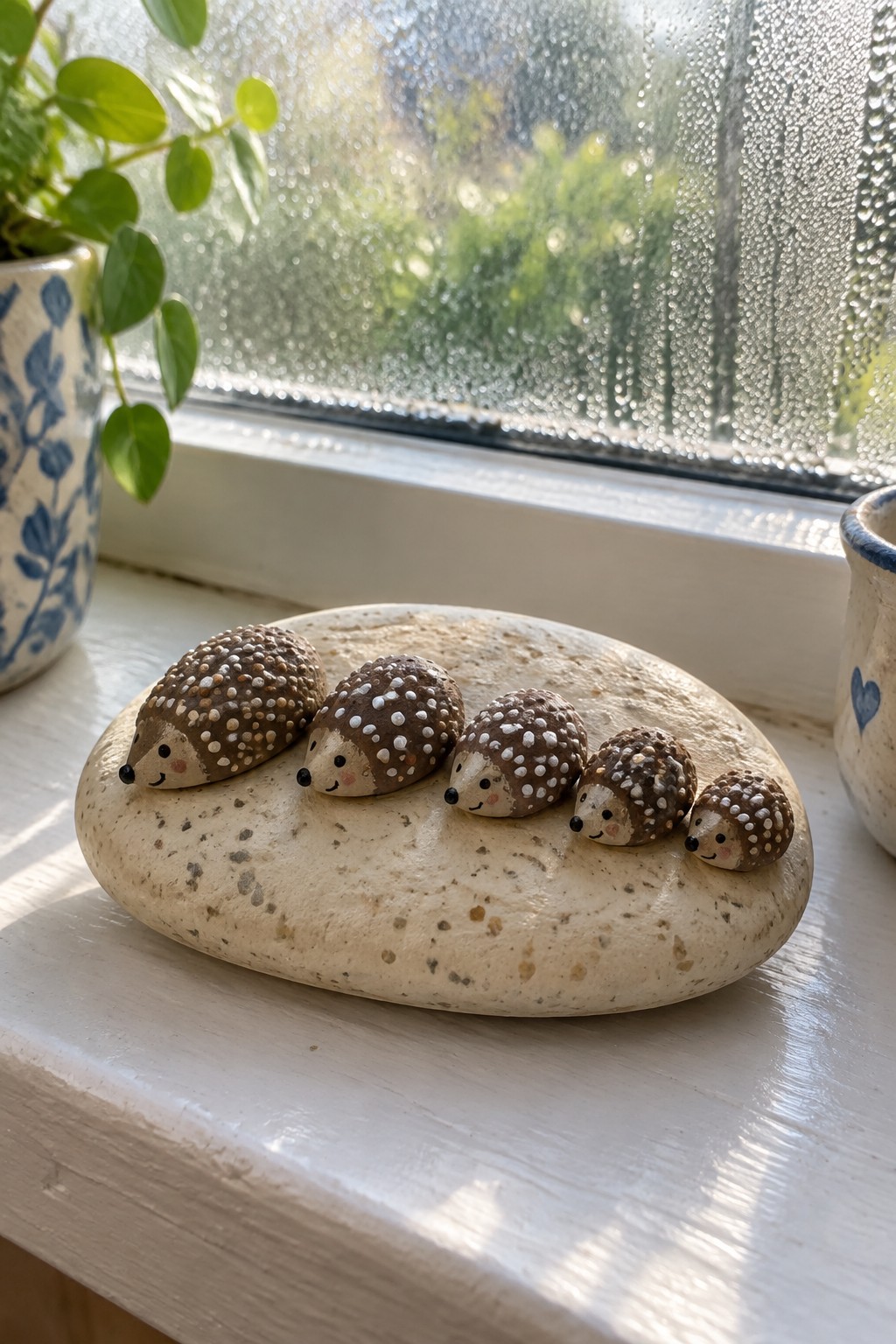 Five small brown hedgehog painted rocks arranged in a row on a larger flat stone.