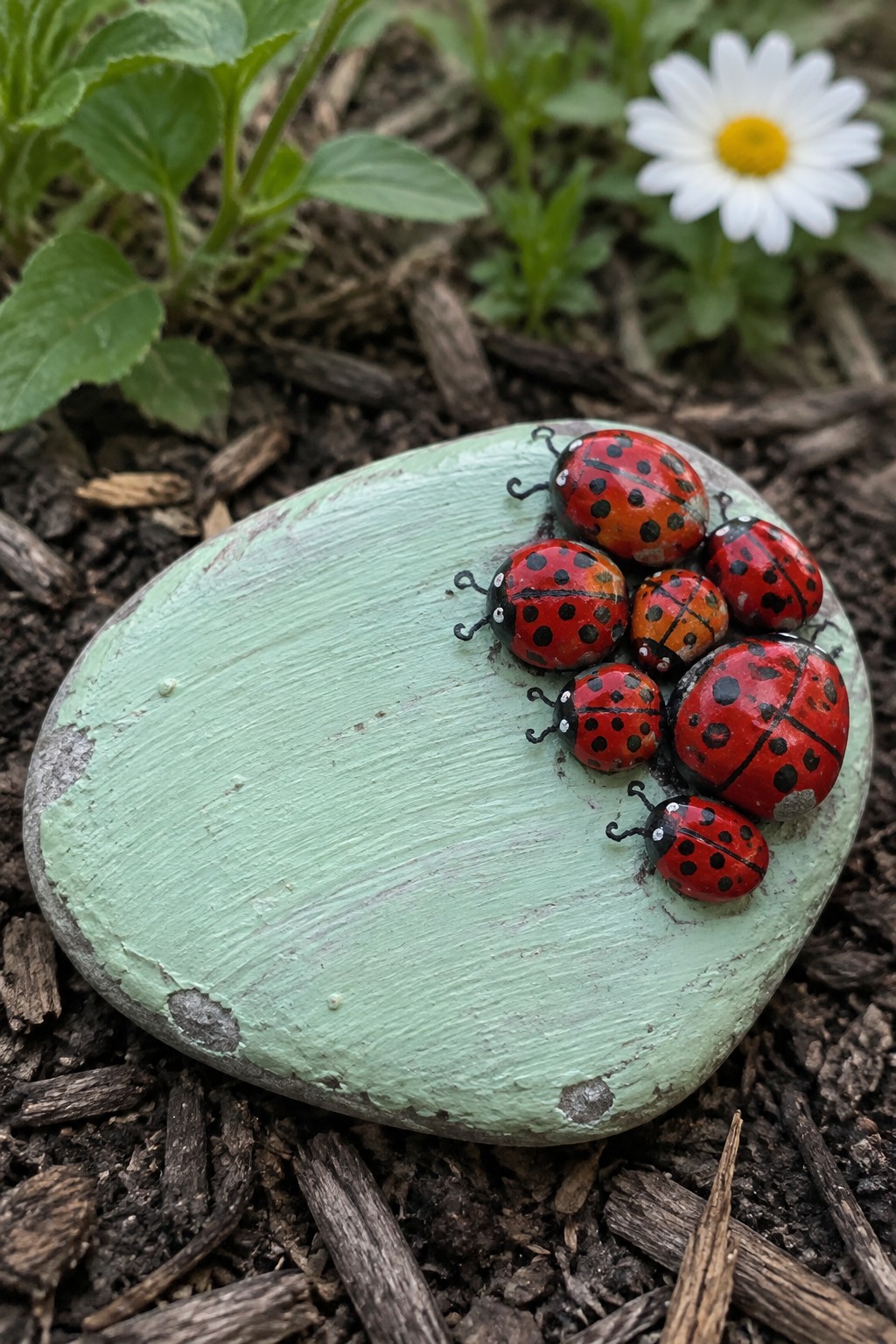 Green painted rock with cluster of red spotted ladybugs on garden soil