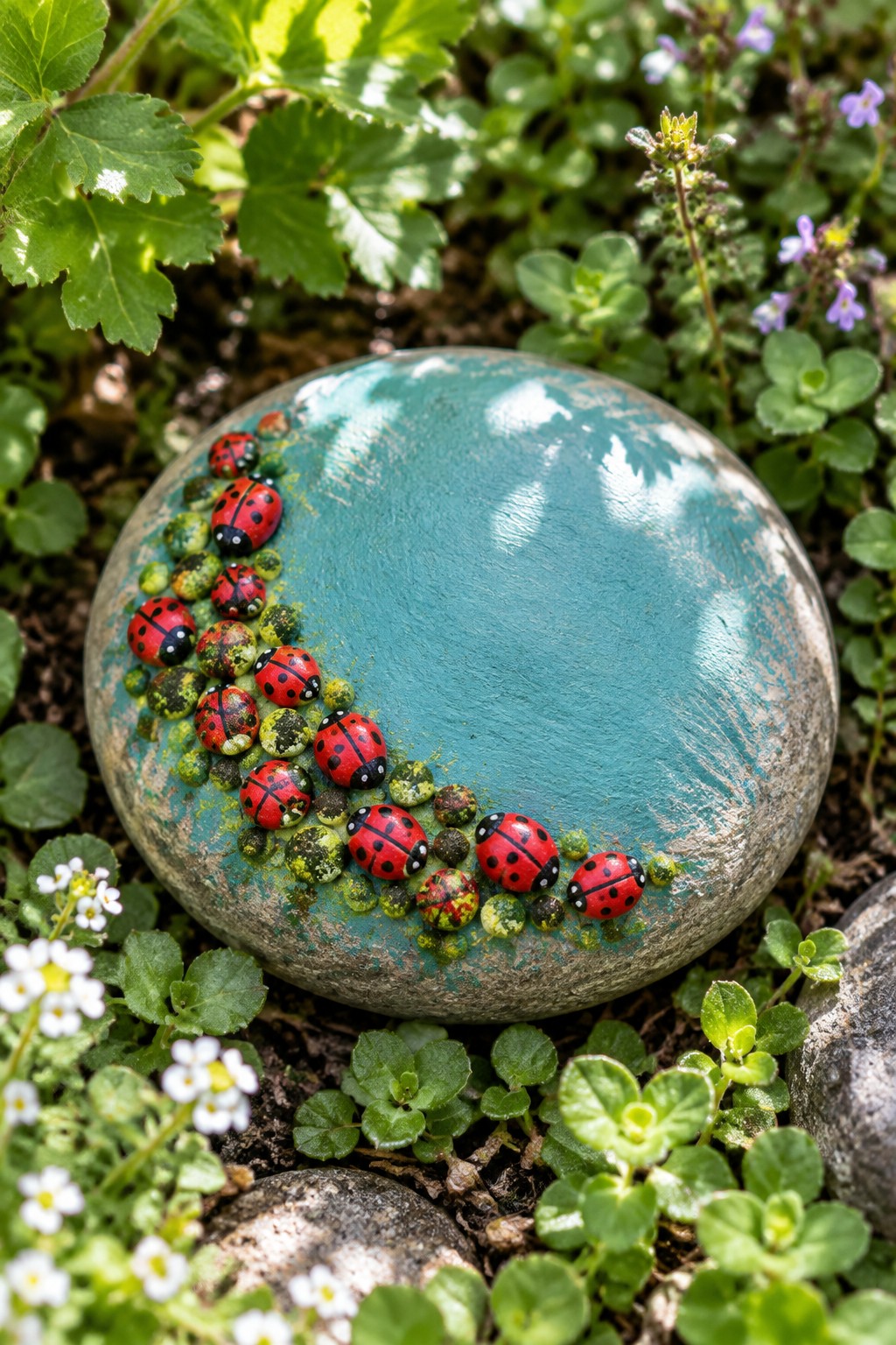 Turquoise painted rock with curving row of red ladybugs amid garden plants