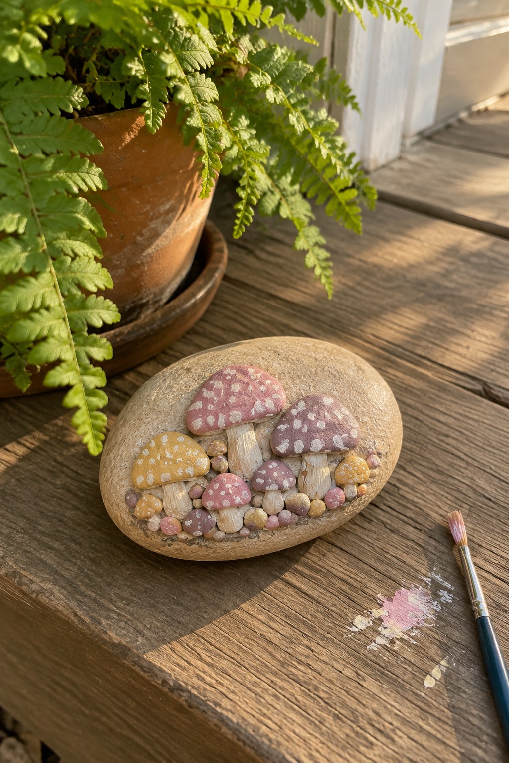 Painted oval stone with colorful spotted mushrooms beside paintbrush on wooden surface