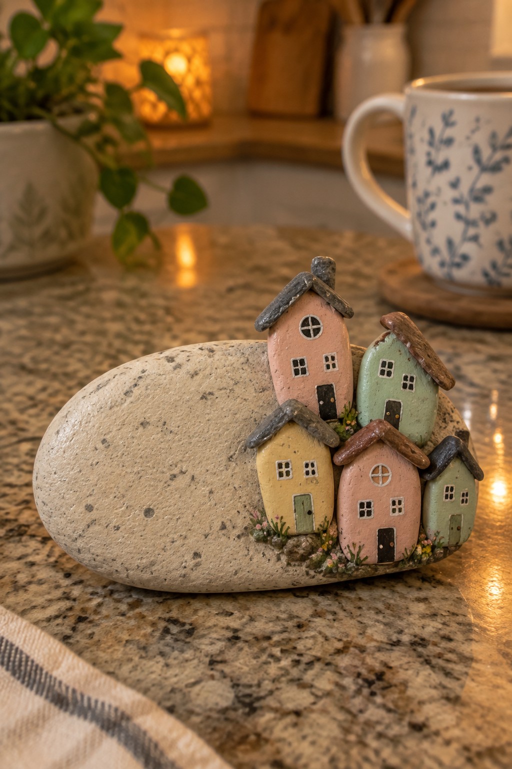 Miniature pastel houses clustered on a large stone atop a marble counter