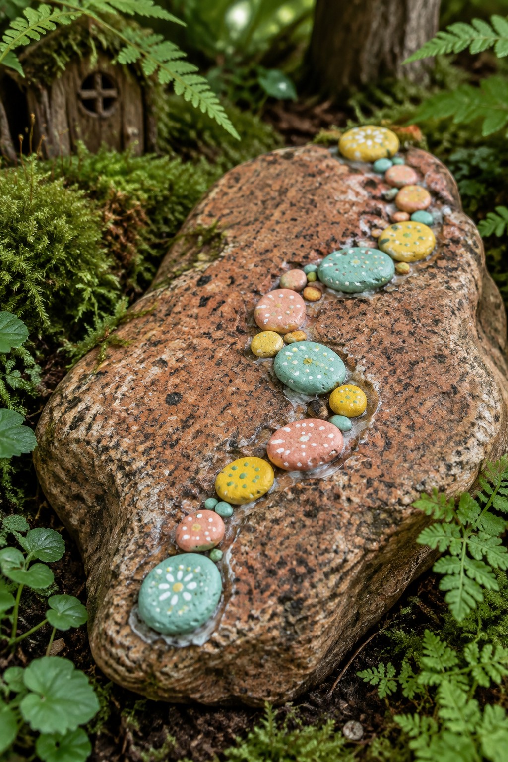 Colorful painted stones form a winding path on a mossy rock amid ferns and a tiny house.
