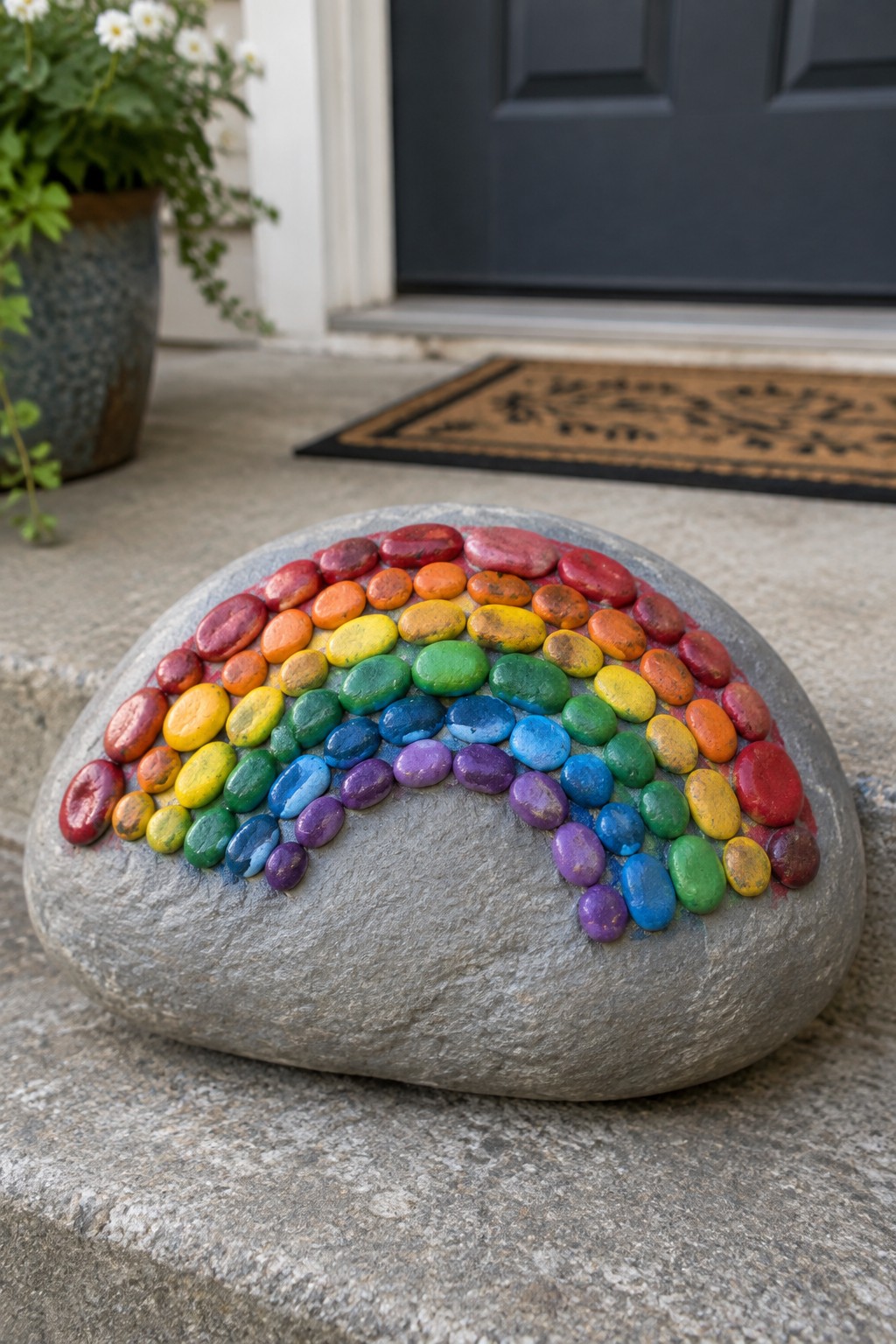 Large rock adorned with rainbow of colorful painted stones on doorstep.