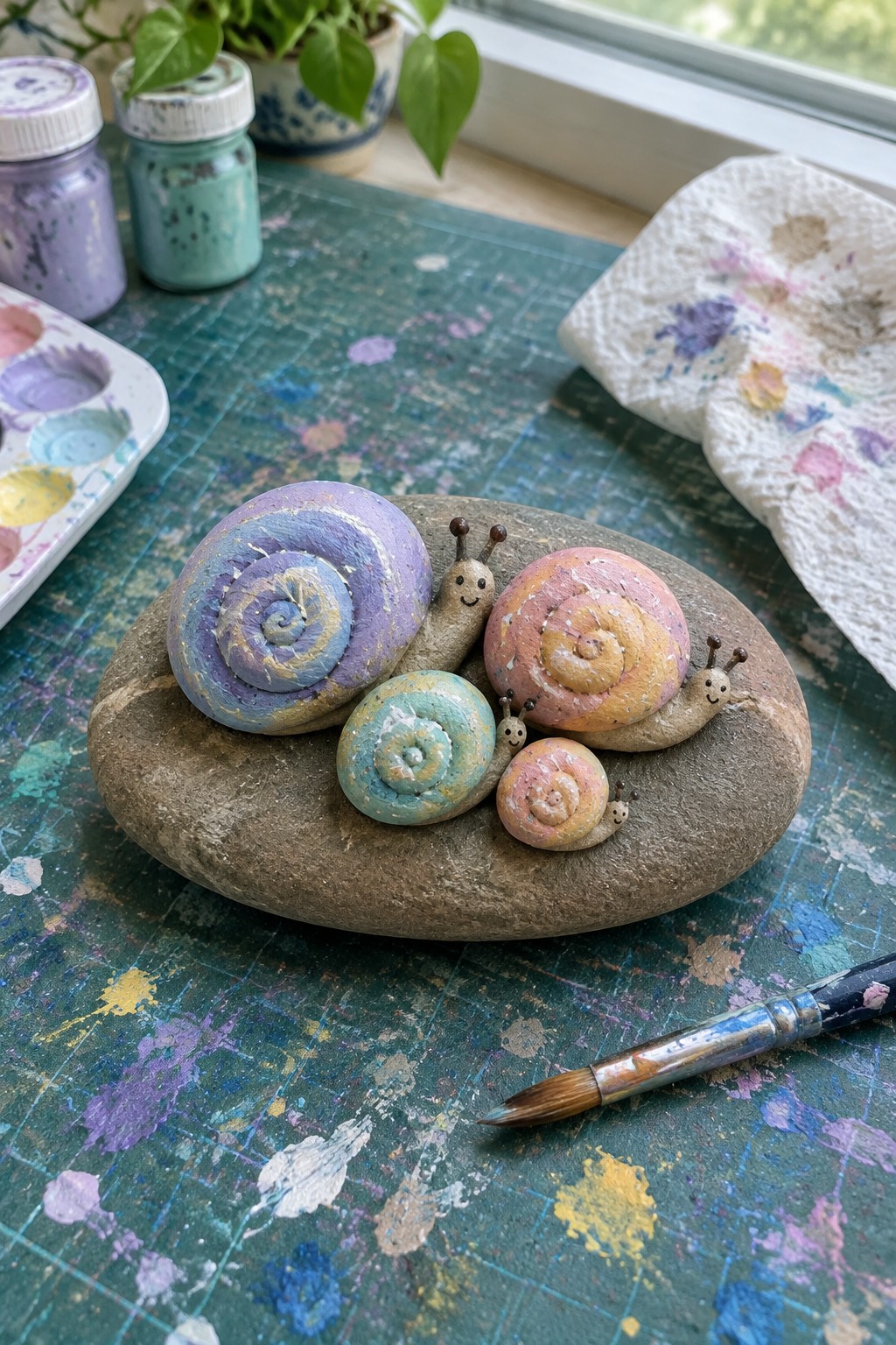 Four colorful painted rock snails with faces on a stone amid paints