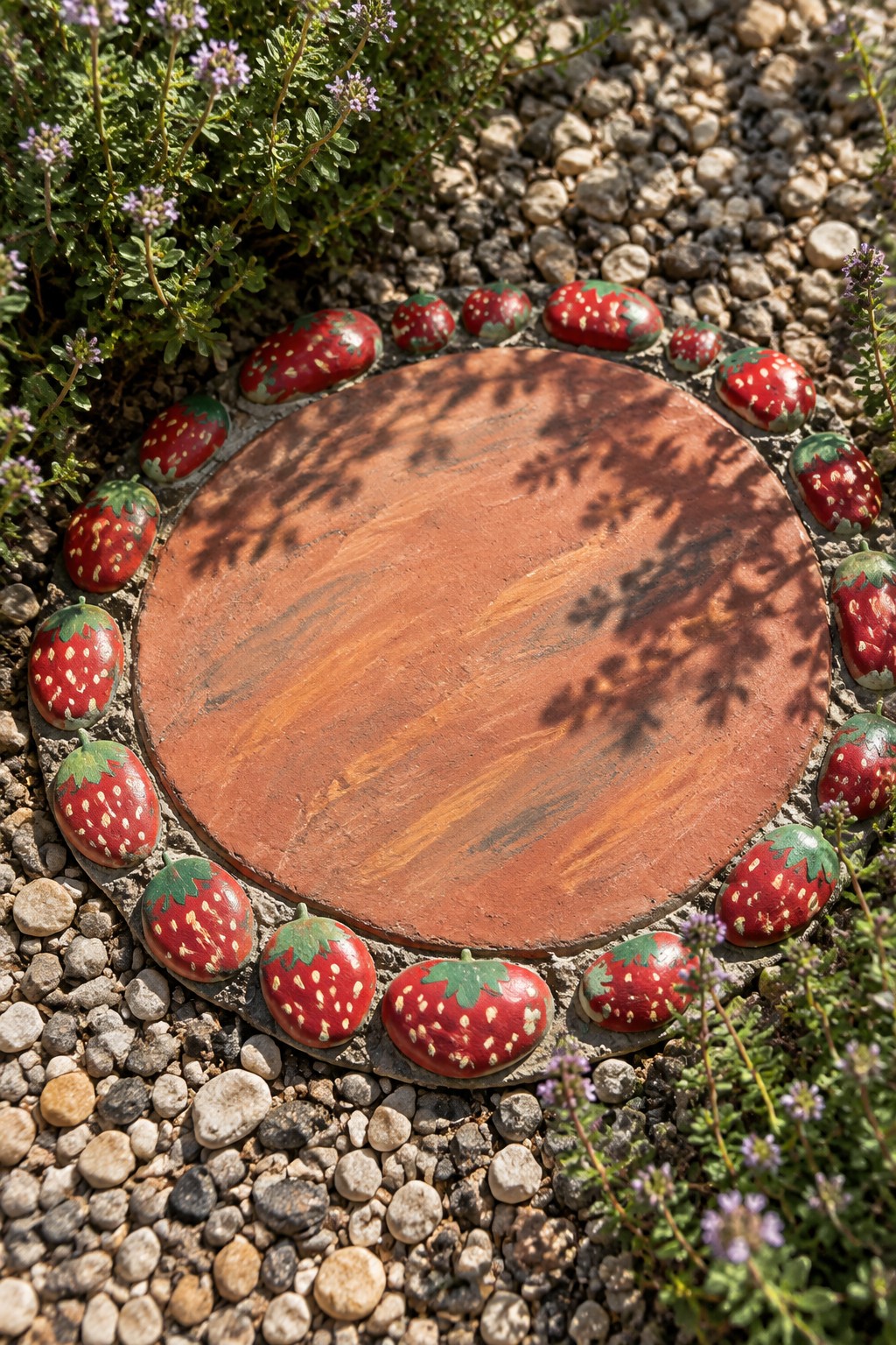 Red circular slab bordered by painted strawberry rocks on gravel with plants