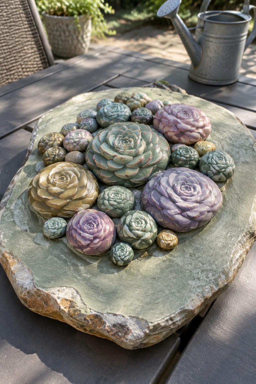 Colorful painted rocks resembling succulents arranged on a large green stone slab outdoors.
