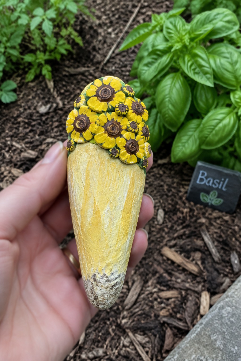 A hand holds a yellow painted rock with a cluster of sunflowers on top, set against garden soil and basil plants.