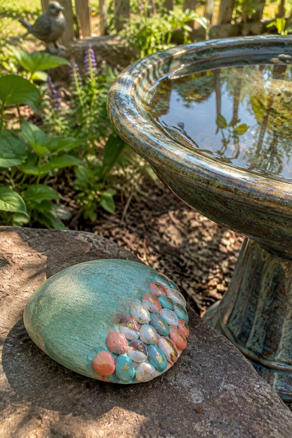 Teal painted rock with pink and turquoise accents beside a ceramic birdbath in garden.