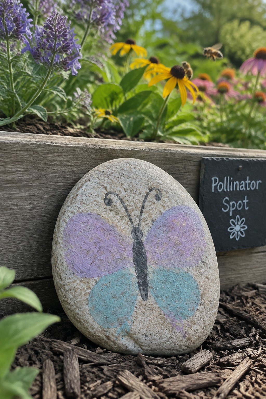 Butterfly-painted stone in garden bed with colorful flowers, bee, and pollinator sign.