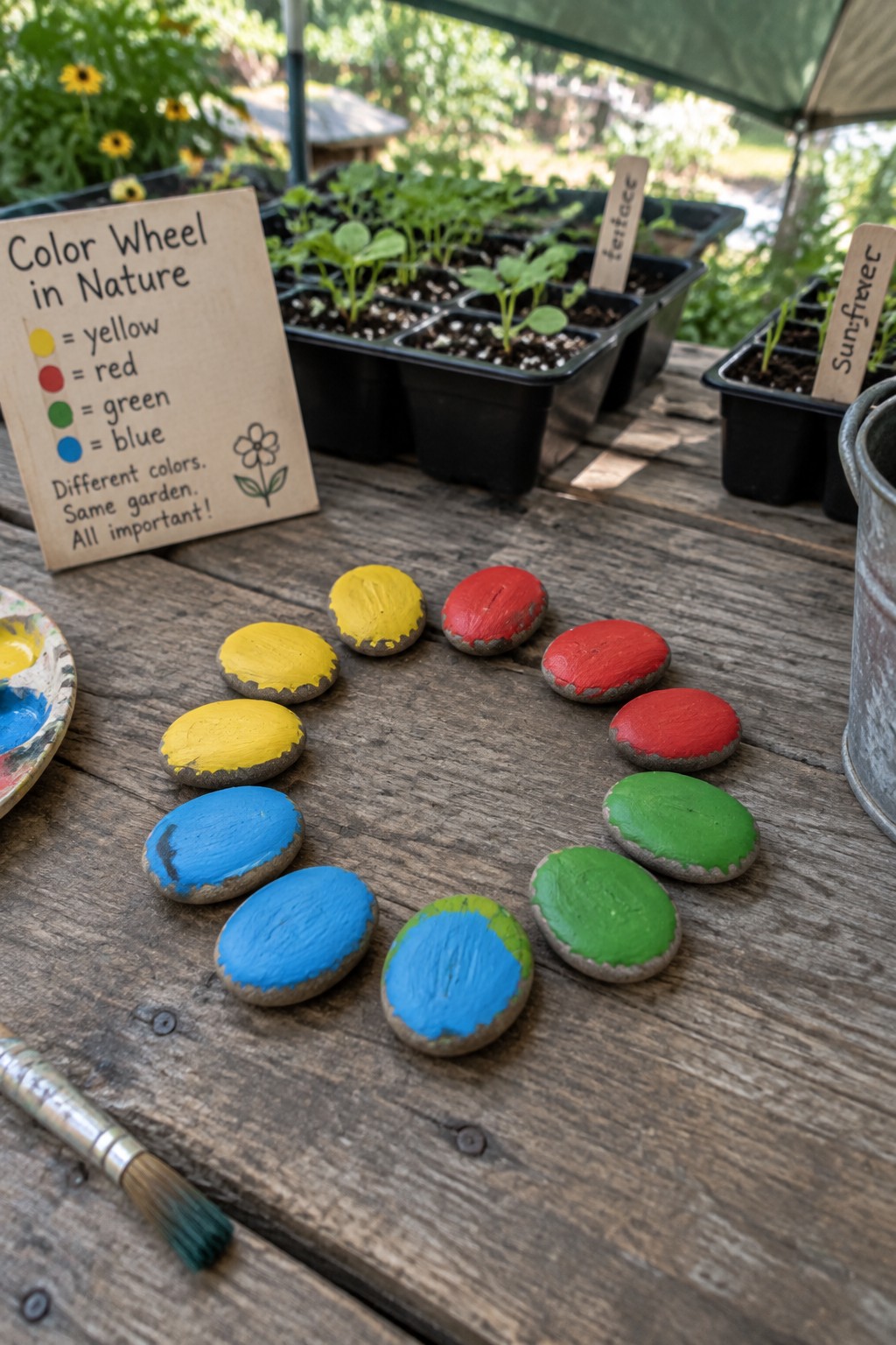 Painted rocks forming a color wheel on a wooden table beside a nature sign and seedlings.