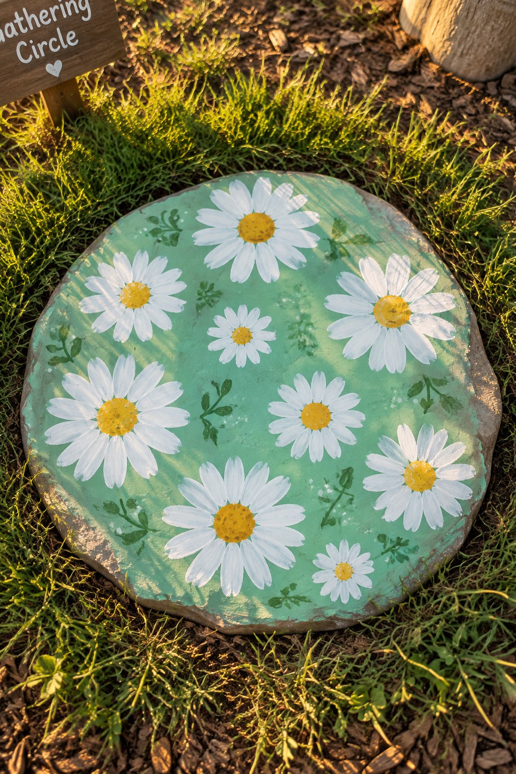 Circular stone painted with white daisies on green amid grass and mulch