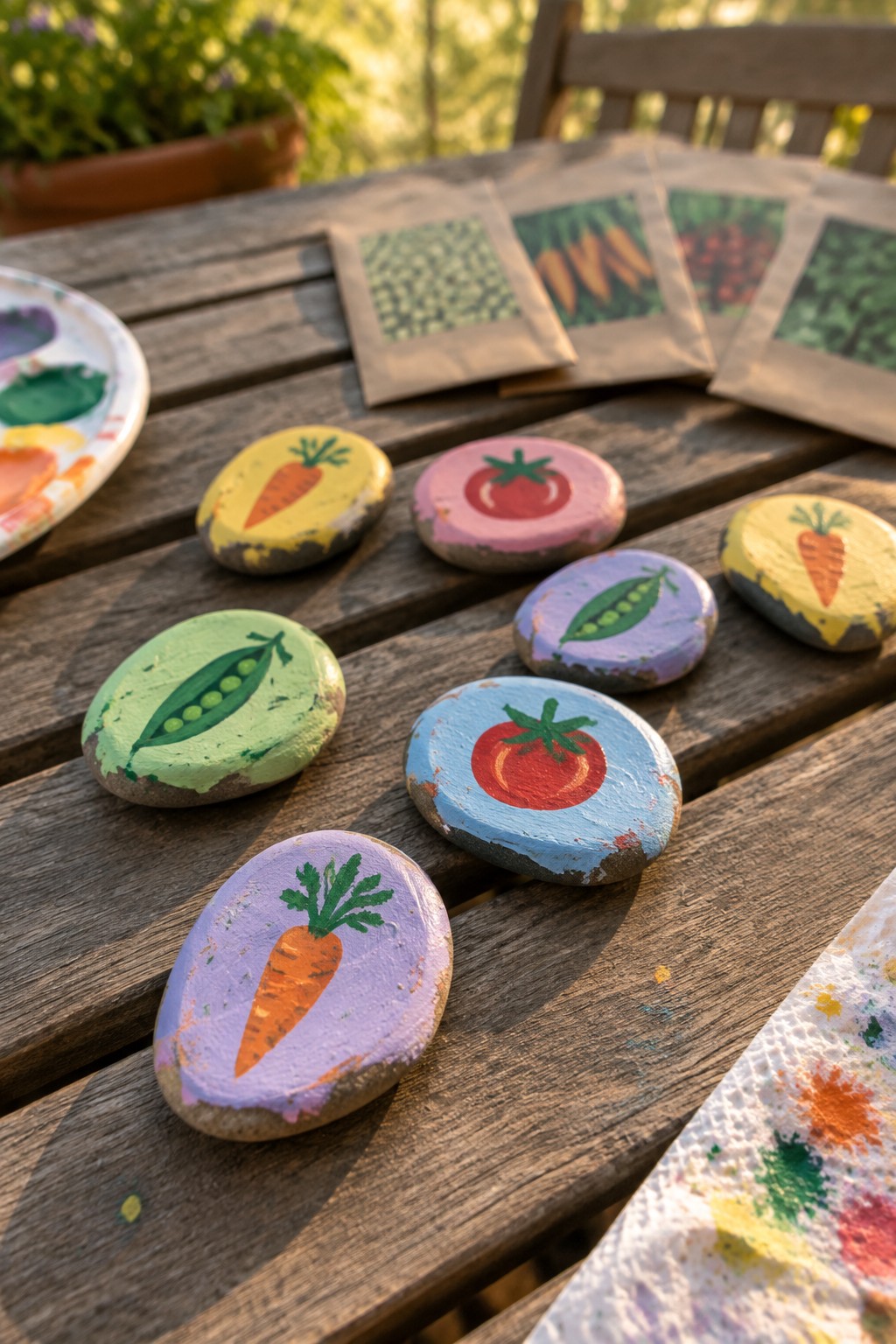 Painted rocks with carrots, tomatoes, and peas on wooden table beside seed packets