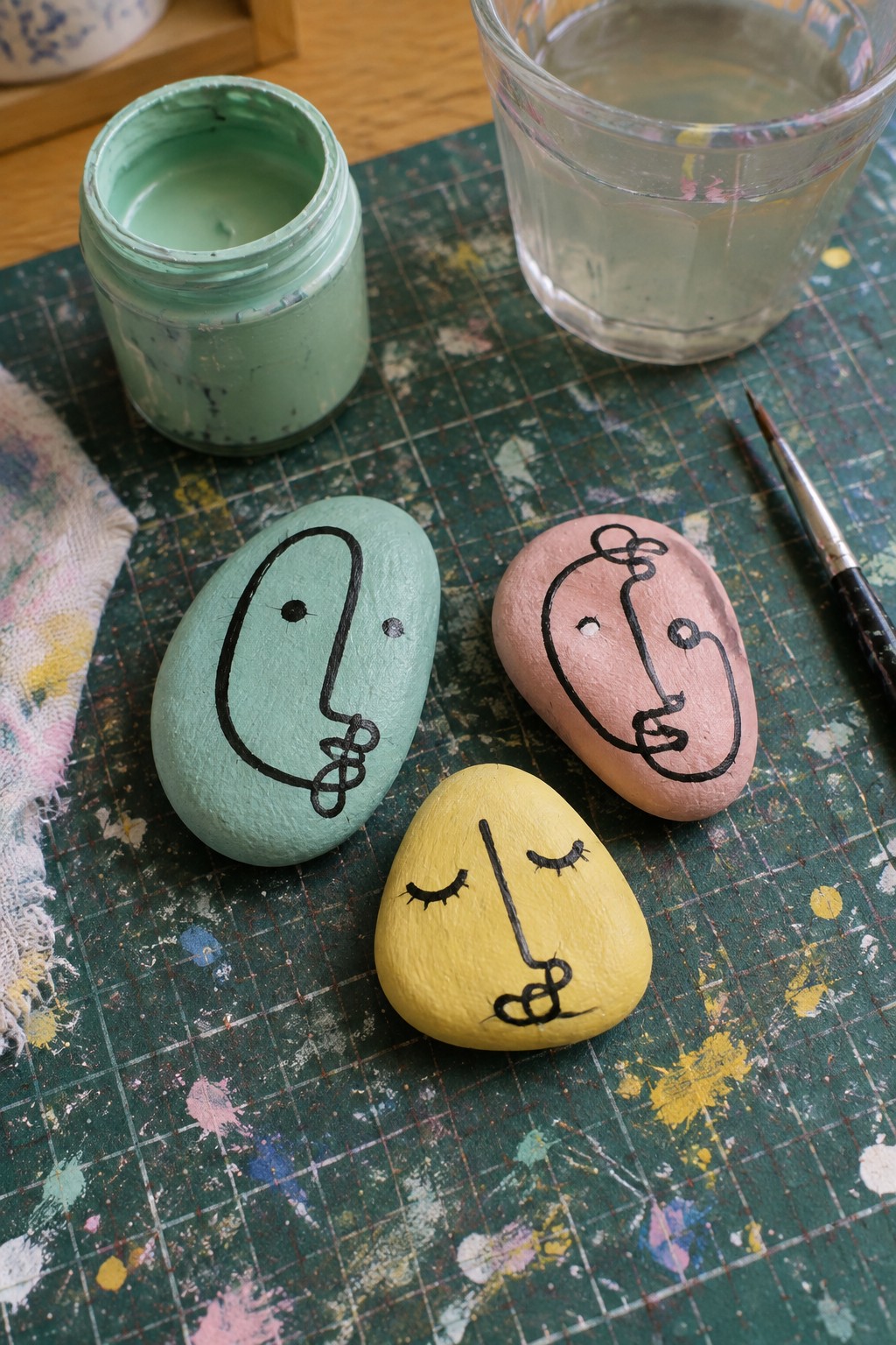 Three small rocks painted mint green, pink, and yellow with black one-line abstract face designs sitting on a paint-splattered mat next to a jar of green paint and a glass of water.