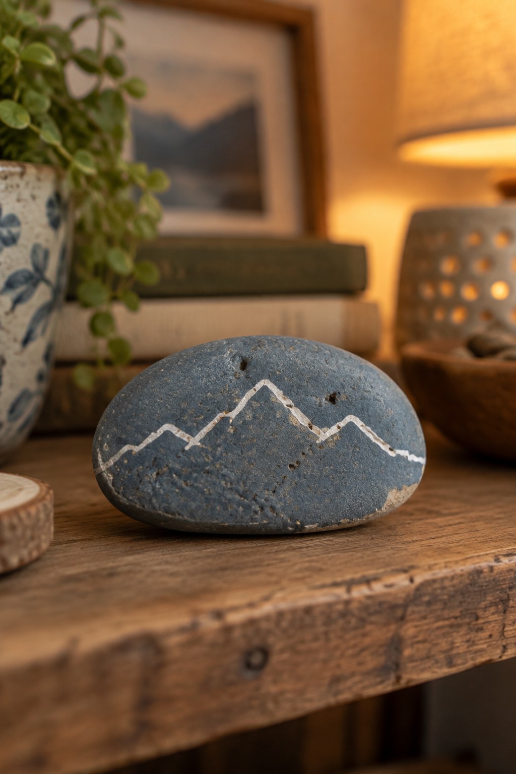Gray stone painted with white mountain peaks on rustic wooden table