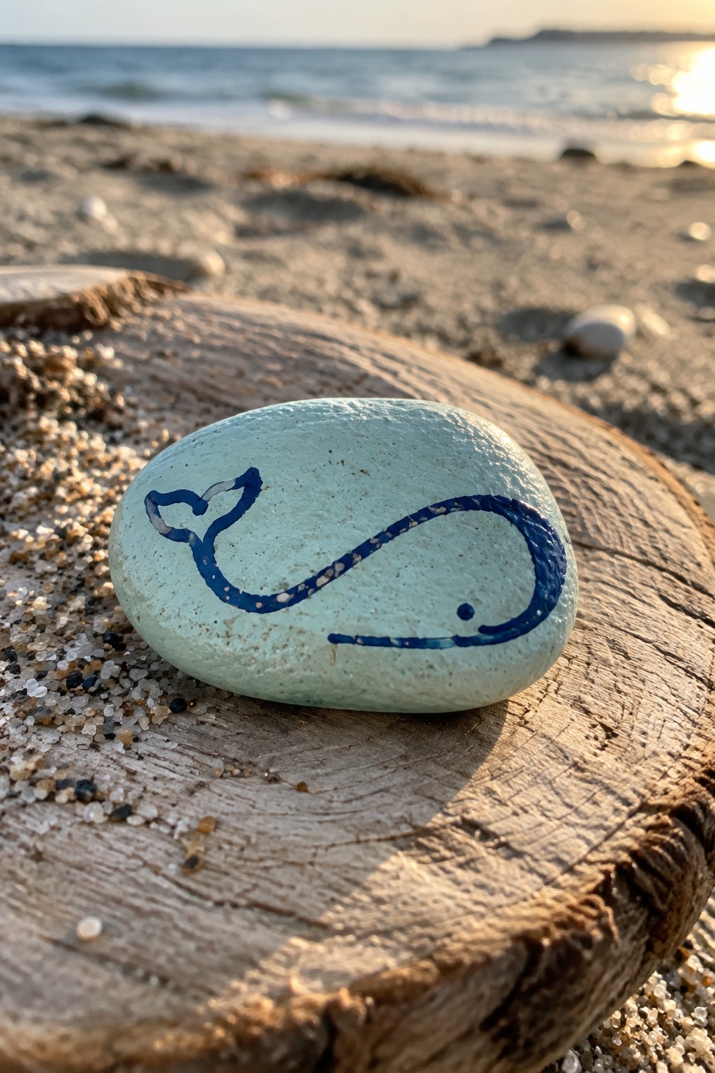 Light turquoise rock with blue whale painting on driftwood by ocean beach at sunset