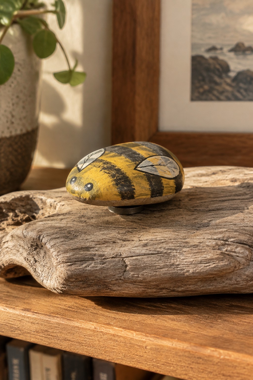 Yellow and black striped bee painted on stone atop driftwood