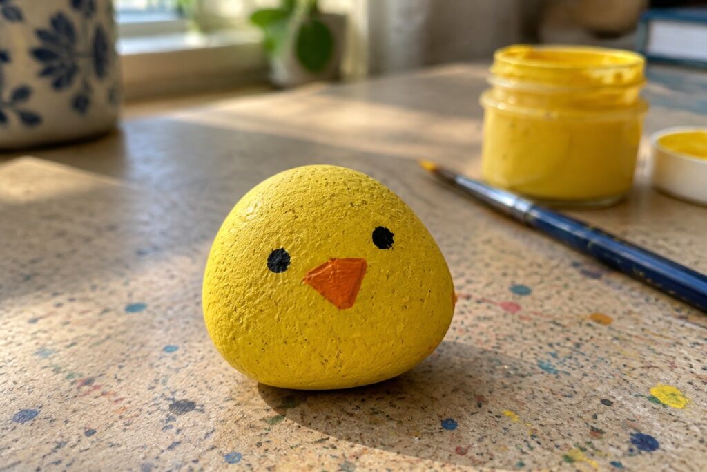 Yellow chick painted on rock with black eyes and orange beak beside paint jar and brush.
