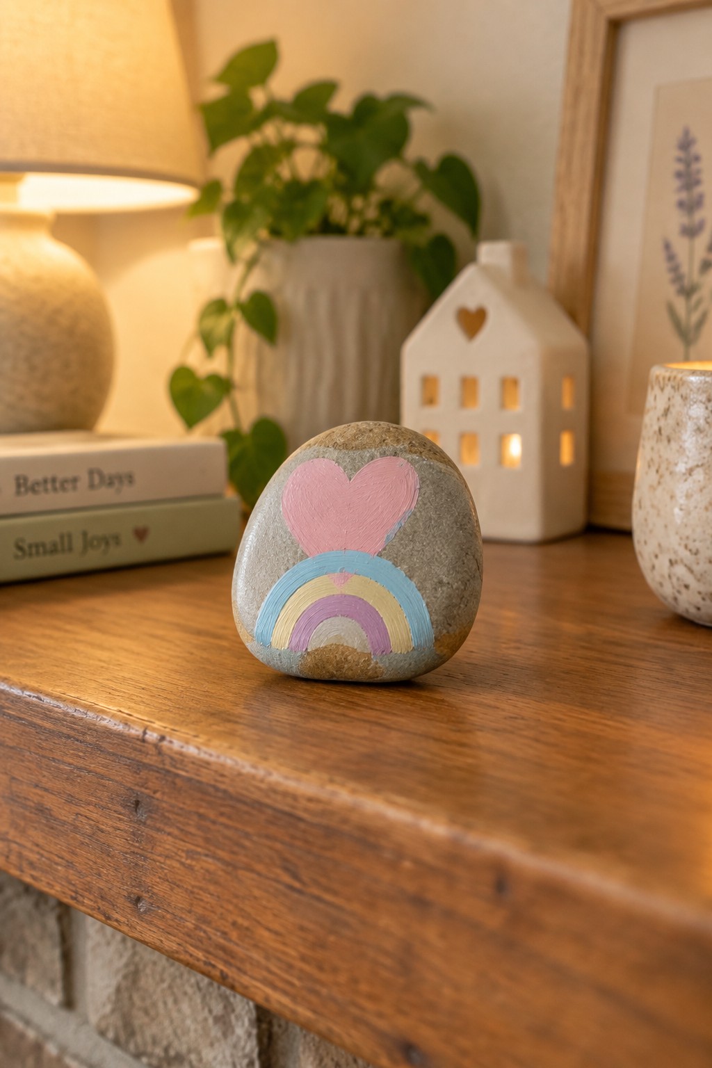 Painted gray stone with pink heart above colorful rainbow on wooden shelf