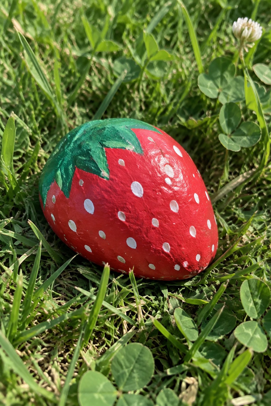 Painted red strawberry rock with white dots and green leaves on grass.