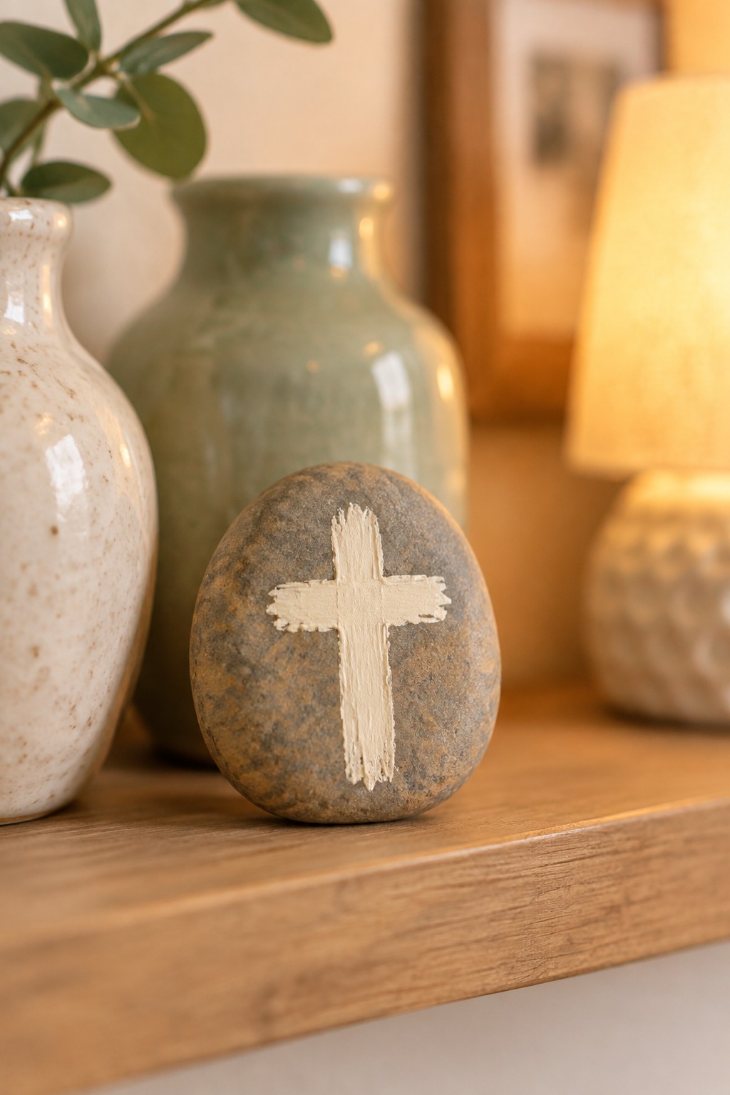 Painted stone with cross on wooden shelf beside vases and lamp